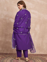 Women's Purple Kurta with Thread Embroidery Paired with Solid Trouser and Dupatta