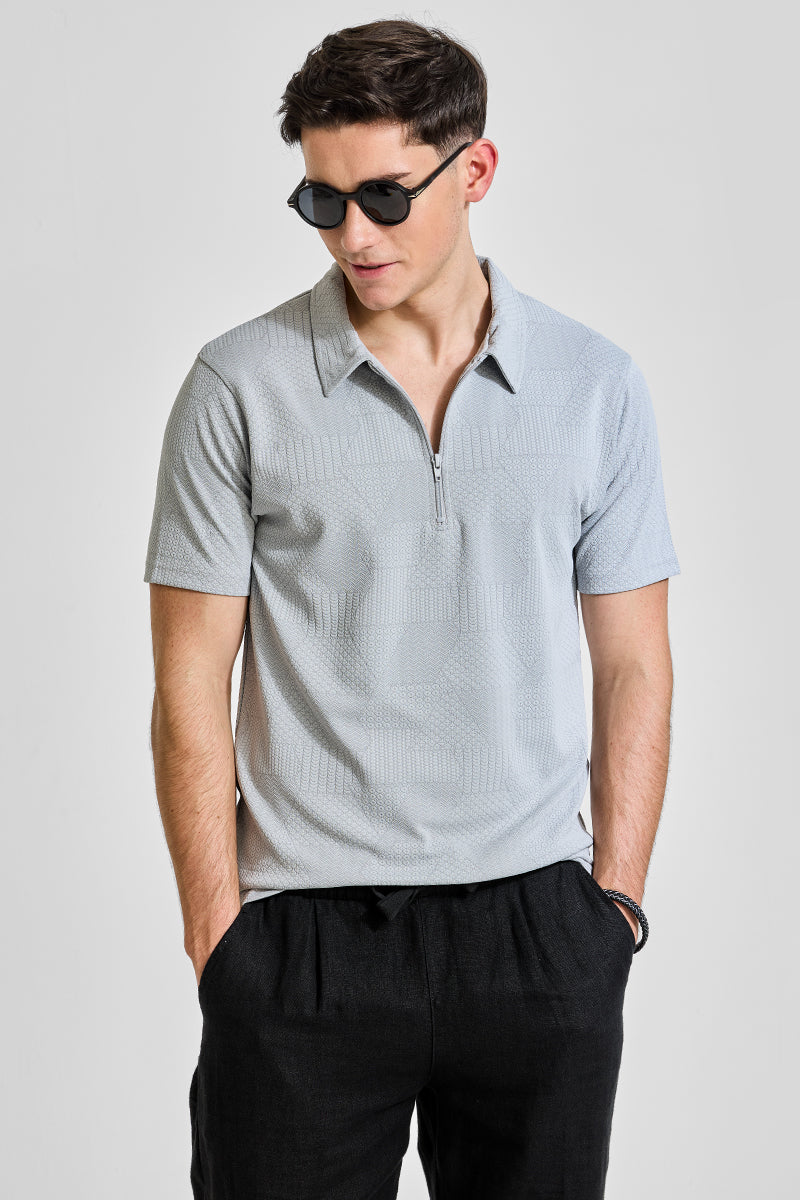 Men's Grey Casual Slim Fit Printed Half Sleeves Polo Tshirt
