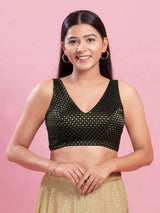 Women's Black Brocade Padded Back Open Sleeveless Saree Blouse