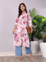 Women's Floral Printed Mandarin Collar Panelled Cotton A Line Kurta