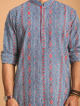 Men's Blue Cotton Allover Printed Kurta with Pant Style Pyjama Set
