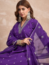 Women's Purple Kurta with Thread Embroidery Paired with Solid Trouser and Dupatta