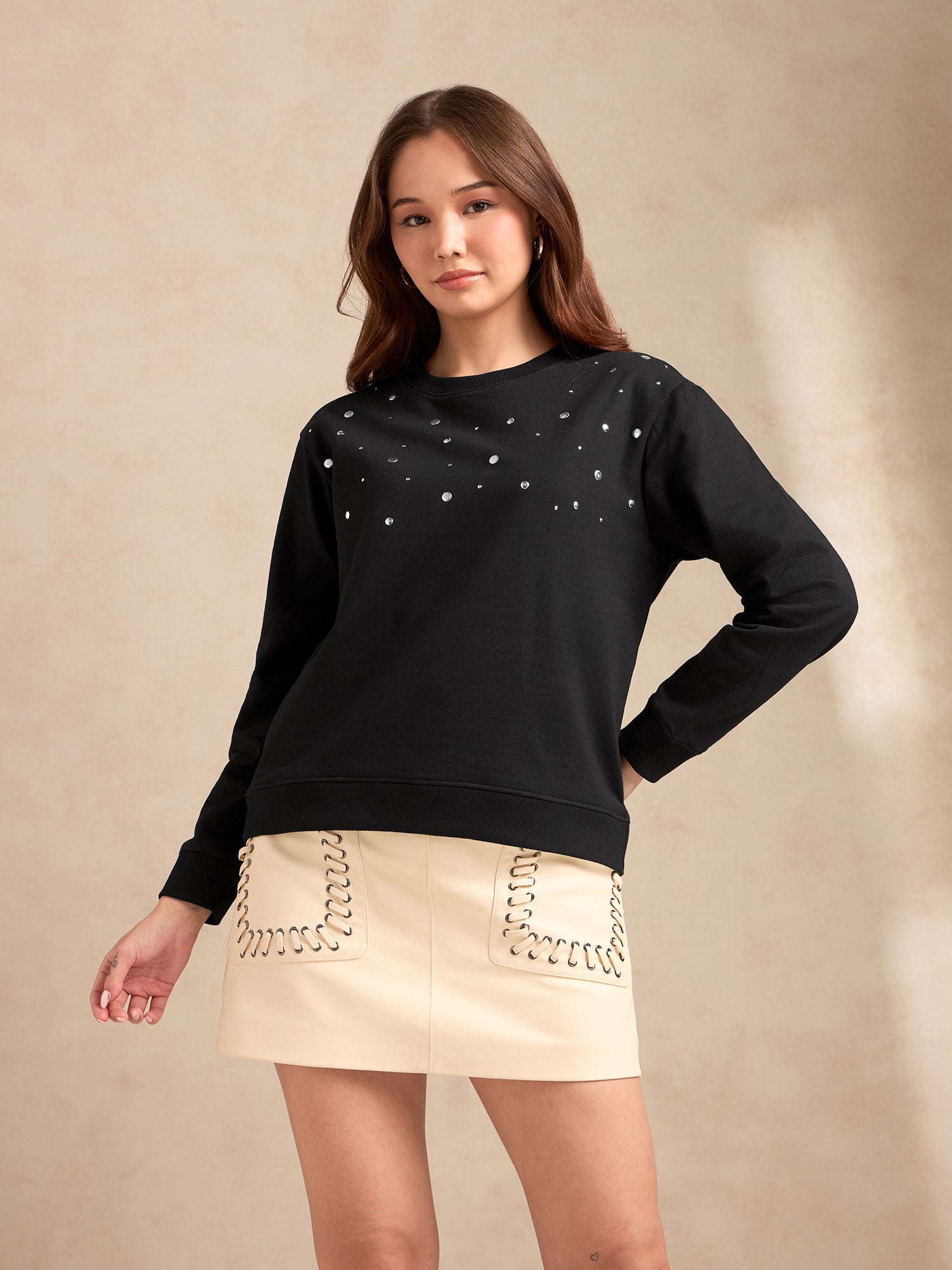 Women's Black Metal Studded Solid Sweatshirt