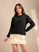 Women's Black Metal Studded Solid Sweatshirt