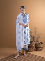 Women's White Cotton Printed Straight Kurta and White Cotton Printed Palazzo with White Solid Chiffon Dupatta