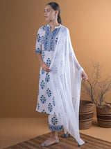 Women's White Cotton Printed Straight Kurta and White Cotton Printed Palazzo with White Solid Chiffon Dupatta