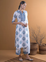 Women's White Cotton Printed Straight Kurta and White Cotton Printed Palazzo with White Solid Chiffon Dupatta