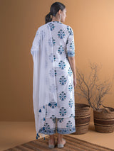 Women's White Cotton Printed Straight Kurta and White Cotton Printed Palazzo with White Solid Chiffon Dupatta