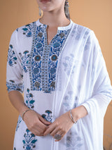 Women's White Cotton Printed Straight Kurta and White Cotton Printed Palazzo with White Solid Chiffon Dupatta