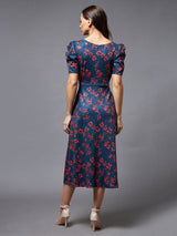 Women's Multicolor V-Neck Puff Sleeve Floral Wrap Midi Casual Dress