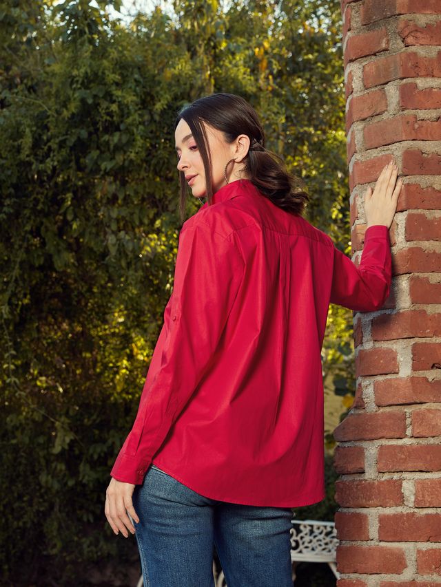 Women's Red Poplin Oversized Shirt