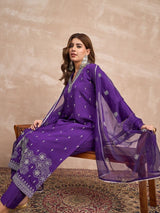 Women's Purple Kurta with Thread Embroidery Paired with Solid Trouser and Dupatta