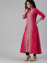 Women's Pink White Printed A-Line Kurta with Mirror Work