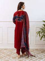 Women's Red Cotton 3 Pieces Kurta Set