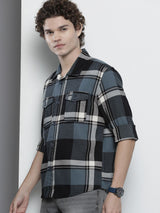 Men's Regular Fit Checkered Full Sleeves Spread Collar Double Flap Pocket Casual Over Shirt