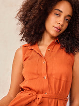 Women's Rust Sleeveless Shirt With Pocket And Tie Up Detail