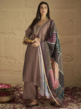 Women's Chic Brown Shimmer Kurta Set with Lace Detailing Paired with Solid Palazzo and Dupatta