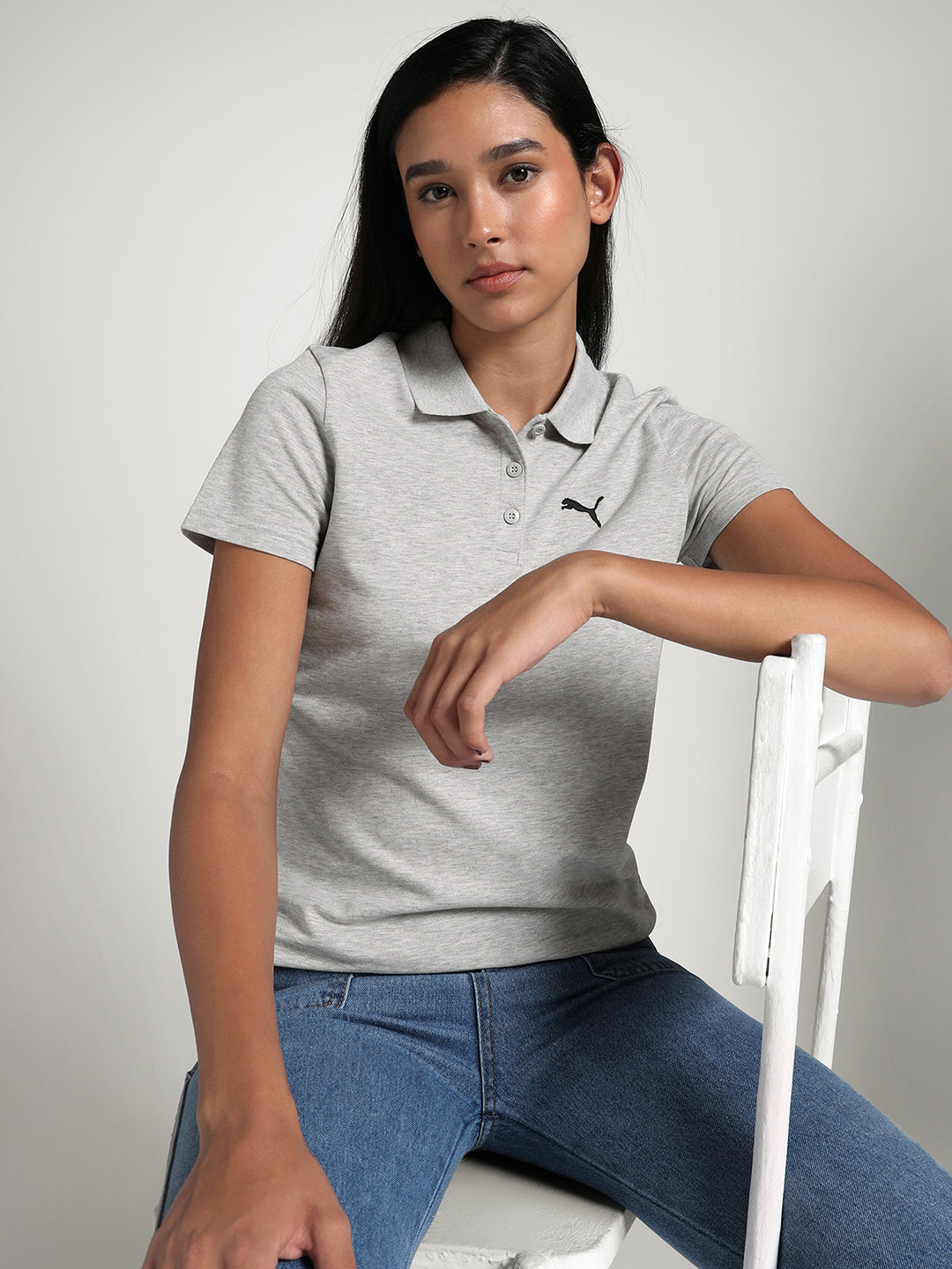 Womens Grey Casual Regular Half Sleeves Polo Tshirt