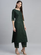 Women's Green Cotton Solid Straight Kurta and Green Cotton Solid Palazzo with Green Polyester Printed Dupatta