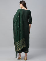 Women's Green Cotton Solid Straight Kurta and Green Cotton Solid Palazzo with Green Polyester Printed Dupatta