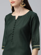 Women's Green Cotton Solid Straight Kurta and Green Cotton Solid Palazzo with Green Polyester Printed Dupatta