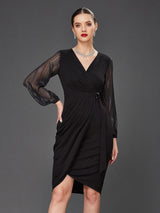 Women's Black Solid V-Neck Bishop Sleeves Knee Length Party Dress