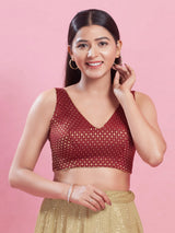Women's Maroon Brocade Padded Back Open Sleeveless Saree Blouse
