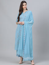 Women's Blue Cotton Printed Kurta with Blue Cotton Printed Palazzo with Blue Chiffon Solid Dupatta