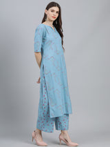 Women's Blue Cotton Printed Kurta with Blue Cotton Printed Palazzo with Blue Chiffon Solid Dupatta