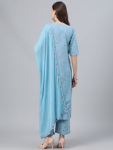 Women's Blue Cotton Printed Kurta with Blue Cotton Printed Palazzo with Blue Chiffon Solid Dupatta
