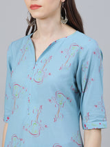 Women's Blue Cotton Printed Kurta with Blue Cotton Printed Palazzo with Blue Chiffon Solid Dupatta