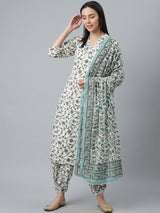 Women's White Cotton Printed Kurta and White Cotton Printed Salwar with White Cotton Printed Dupatta