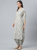 Women's White Cotton Printed Kurta and White Cotton Printed Salwar with White Cotton Printed Dupatta