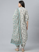 Women's White Cotton Printed Kurta and White Cotton Printed Salwar with White Cotton Printed Dupatta