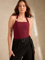 Women's Maroon Halter Neck Metal Trim Detailing Tank