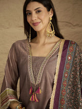 Women's Chic Brown Shimmer Kurta Set with Lace Detailing Paired with Solid Palazzo and Dupatta