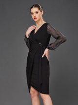 Women's Black Solid V-Neck Bishop Sleeves Knee Length Party Dress
