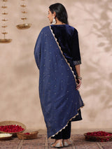 Women's Ethnic Velvet Navy Straight Kurta Set with Dupatta