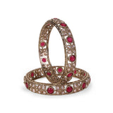 Women's Graceful Beads Oval Shape Stone Antique Gold Plated Bangles - Set of 2