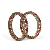 Women's Graceful Beads Oval Shape Stone Antique Gold Plated Bangles - Set of 2