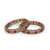 Women's Graceful Beads Oval Shape Stone Antique Gold Plated Bangles - Set of 2