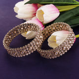 Women's Traditional Dazzling Round and Rectangle Gold Plated Brown Stone Bangles - Set of 2