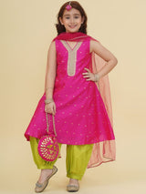 Girls Pink Self Design Kurta and Afgani Salwar With Dupatta