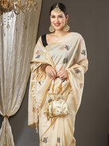 Women's Silk Blend White Embroidered Designer Saree with Blouse Piece