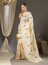 Women's Silk Blend White Embroidered Designer Saree with Blouse Piece