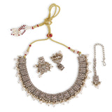 Women's Dazzling Squire Shape Oval Silver Antique Gold Plated Choker Jewellery Set