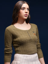 Women's Green Casual Self-Design Full Sleeves Sweater