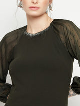 Women's Olive Casual Full Sleeve Sheer Top