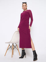 Women's Plum Casual Full Sleeve Swarovski Detailed Solid Round Neck Knitted Maxi Dress
