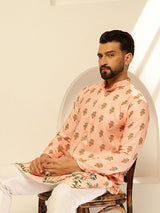 Men's Peach Cotton Daman Print Long Kurta with Krochet Embroidery